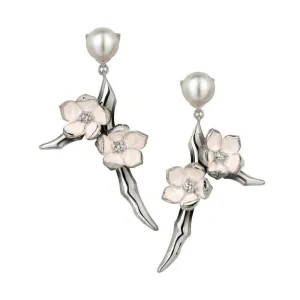 Shaun Leane Cherry Blossom Sterling Silver Diamond Pearl Small Branch Drop Earrings