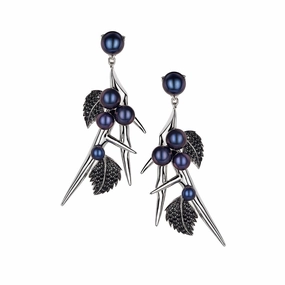 Shaun Leane Blackthorn Sterling Silver Black Spinel Pearl Drop Leaf Earrings