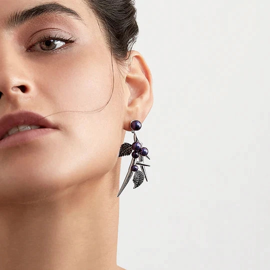 Shaun Leane Blackthorn Sterling Silver Black Spinel Pearl Drop Leaf Earrings