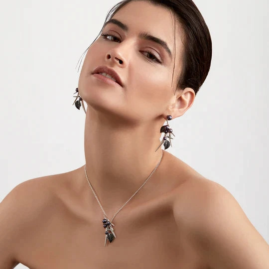 Shaun Leane Blackthorn Sterling Silver Black Spinel Pearl Drop Leaf Earrings