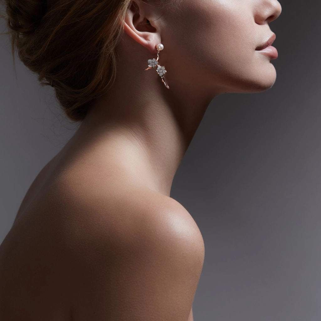 Shaun Leane Cherry Blossom 18ct Rose Gold Plated Sterling Silver Diamond Pearl Small Branch Drop Earrings