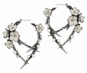 Shaun Leane Cherry Blossom Sterling Silver 0.54ct Diamond Pearl Hoop Earrings