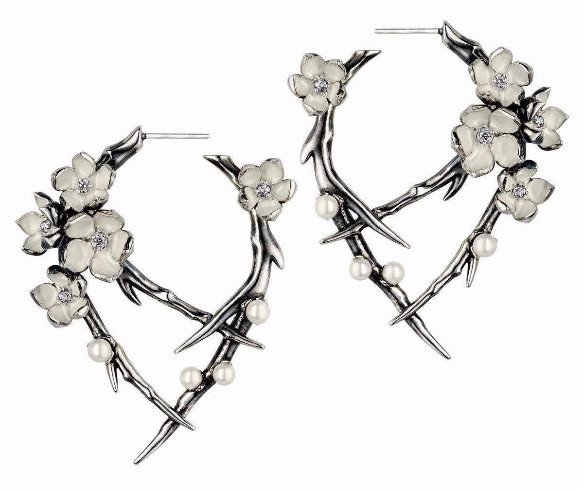 Shaun Leane Cherry Blossom Sterling Silver 0.54ct Diamond Pearl Hoop Earrings