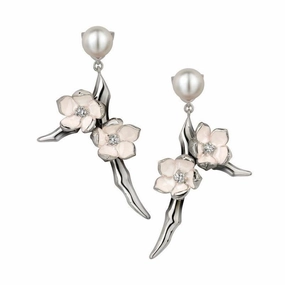Shaun Leane Cherry Blossom Sterling Silver Diamond Pearl Small Branch Drop Earrings
