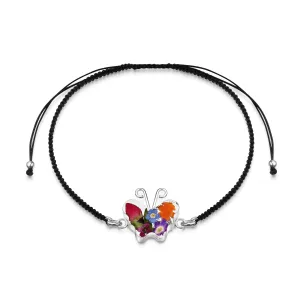 Shrieking Violet Sterling Silver Black Woven Mixed Flower Butterfly Charm Bracelet