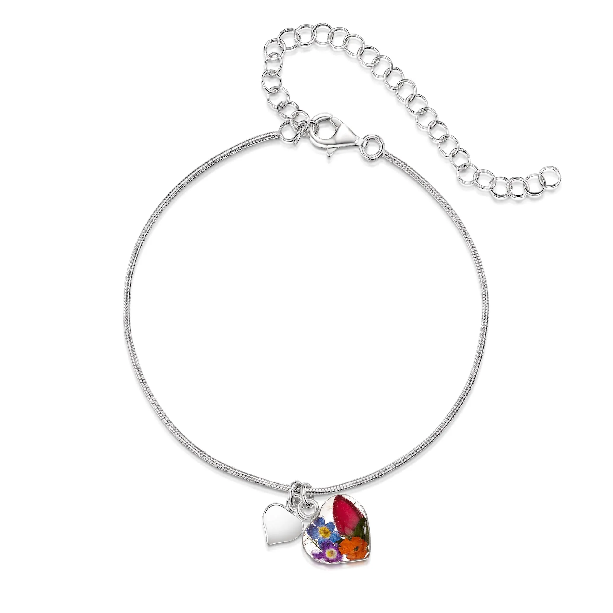 Shrieking Violet Sterling Silver Mixed Flower Heart Charm Anklet Bracelet