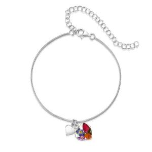 Shrieking Violet Sterling Silver Mixed Flower Heart Charm Anklet Bracelet