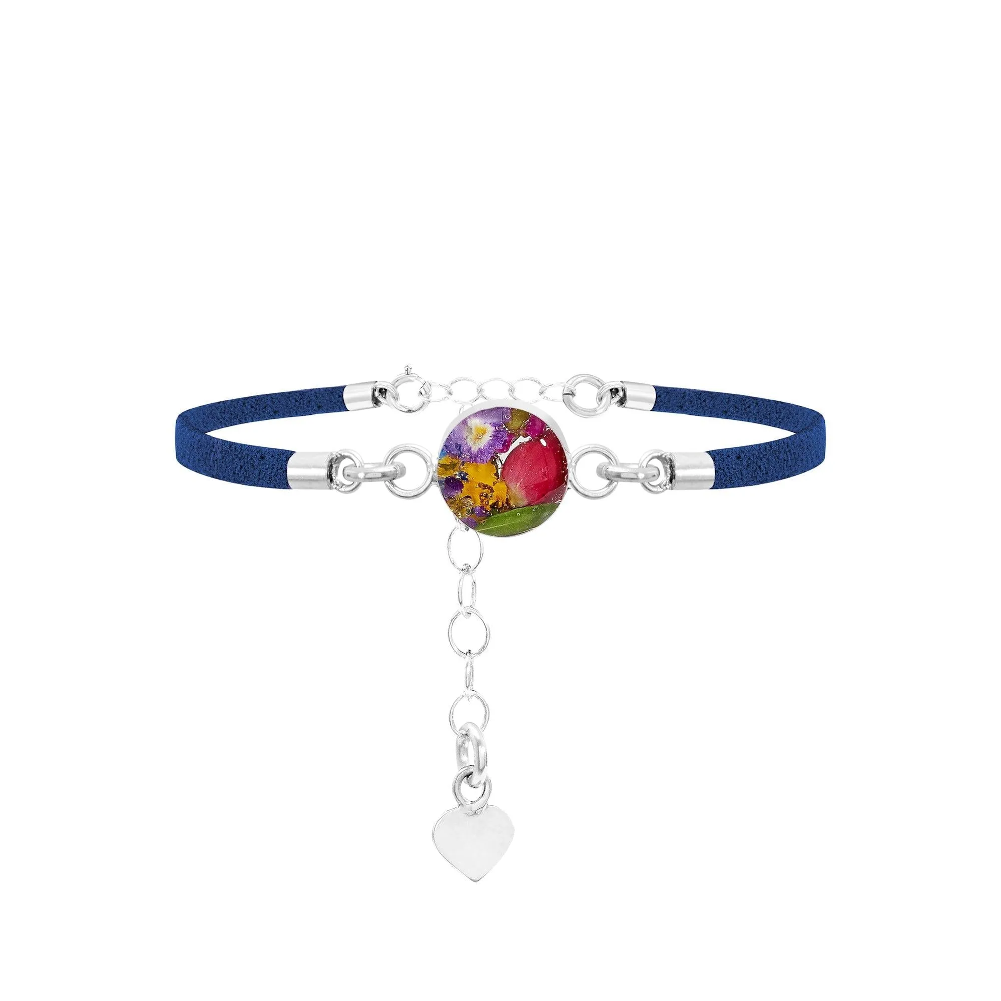 Shrieking Violet Sterling Silver Navy Vegan Suede Round Flower Charm Bracelet
