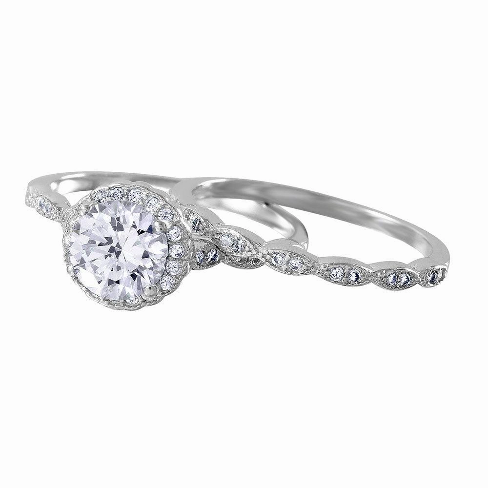 Silver 925 Nickel Free Rhodium Plated Round Halo CZ Bridal Ring - BGR01005