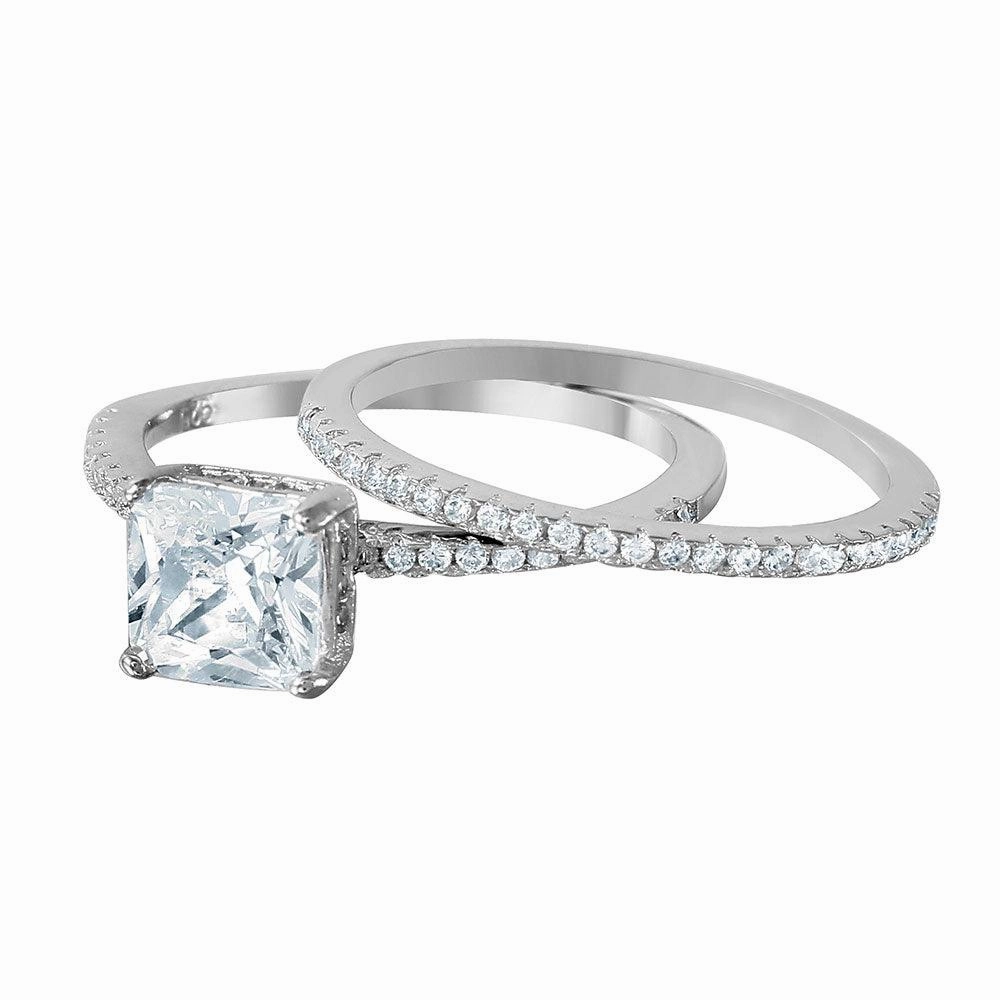 Silver 925 Nickel Free Rhodium Plated Square Center CZ Bridal Ring - BGR01011