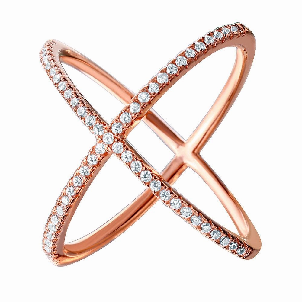 Silver 925 Nickel Free Rose Gold Plated 4 Way CZ Cross Ring - GMR00039RGP