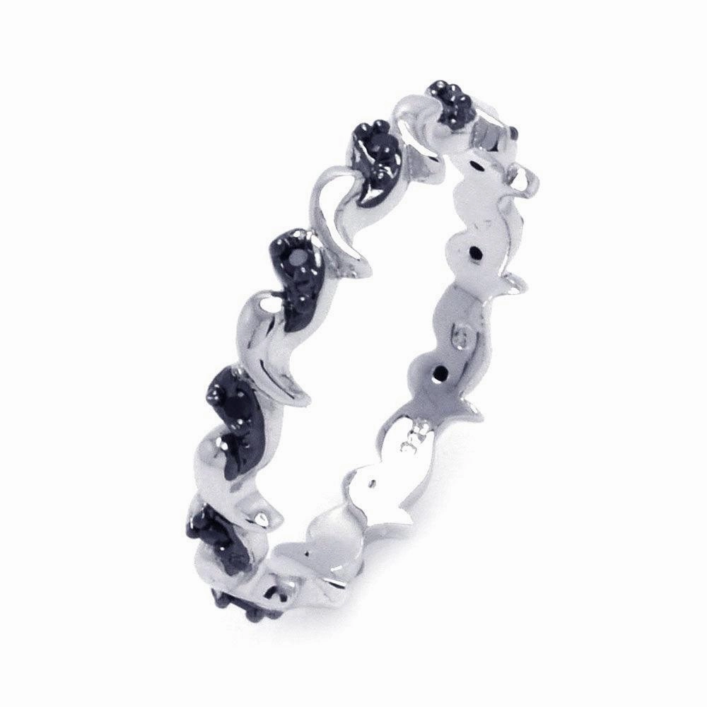 Silver 925 Rhodium and Black Rhodium Plated 2 Toned Black CZ Wave Eternity Ring - BGR00295