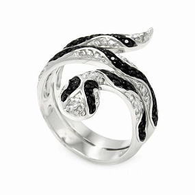 Silver 925 Rhodium and Black Rhodium Plated Clear and Black CZ Snake Wrap Ring - BGR00446