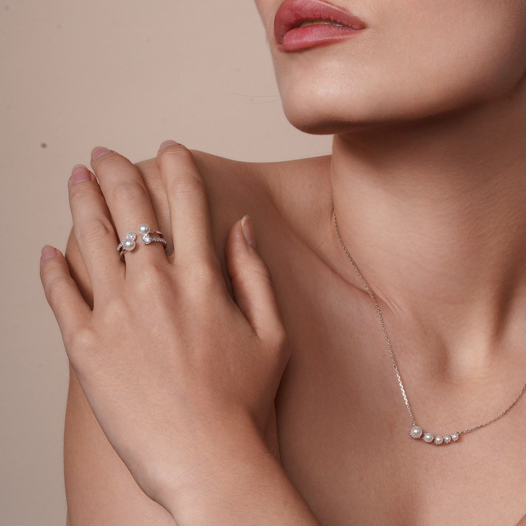 Silver 925 Rhodium Plated 2 Row CZ and Synthetic Pearl Ring - GMR00131
