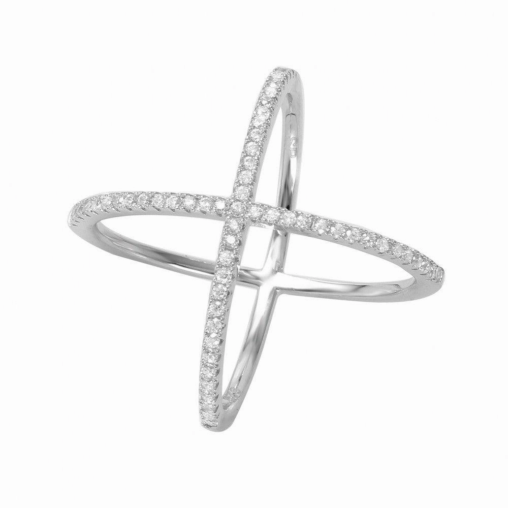 Silver 925 Rhodium Plated 4 Way CZ Cross Ring - GMR00039