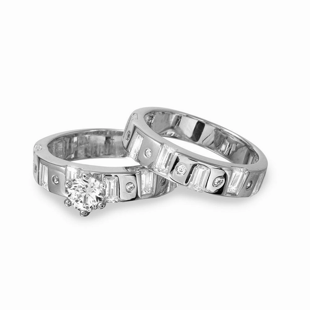 Silver 925 Rhodium Plated Baguette CZ Band Engagement Ring - GMR00110
