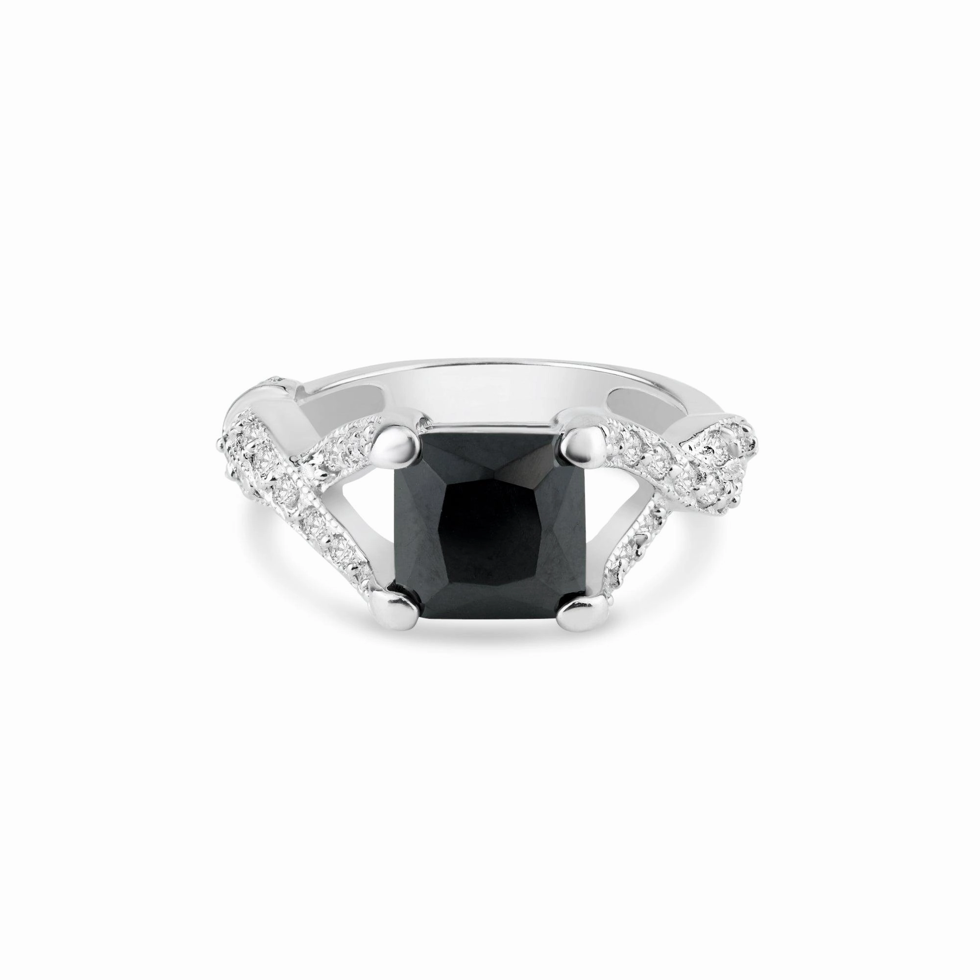 Silver 925 Rhodium Plated Black Square Center and Clear CZ Ring - BGR00032