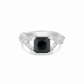 Silver 925 Rhodium Plated Black Square Center and Clear CZ Ring - BGR00032