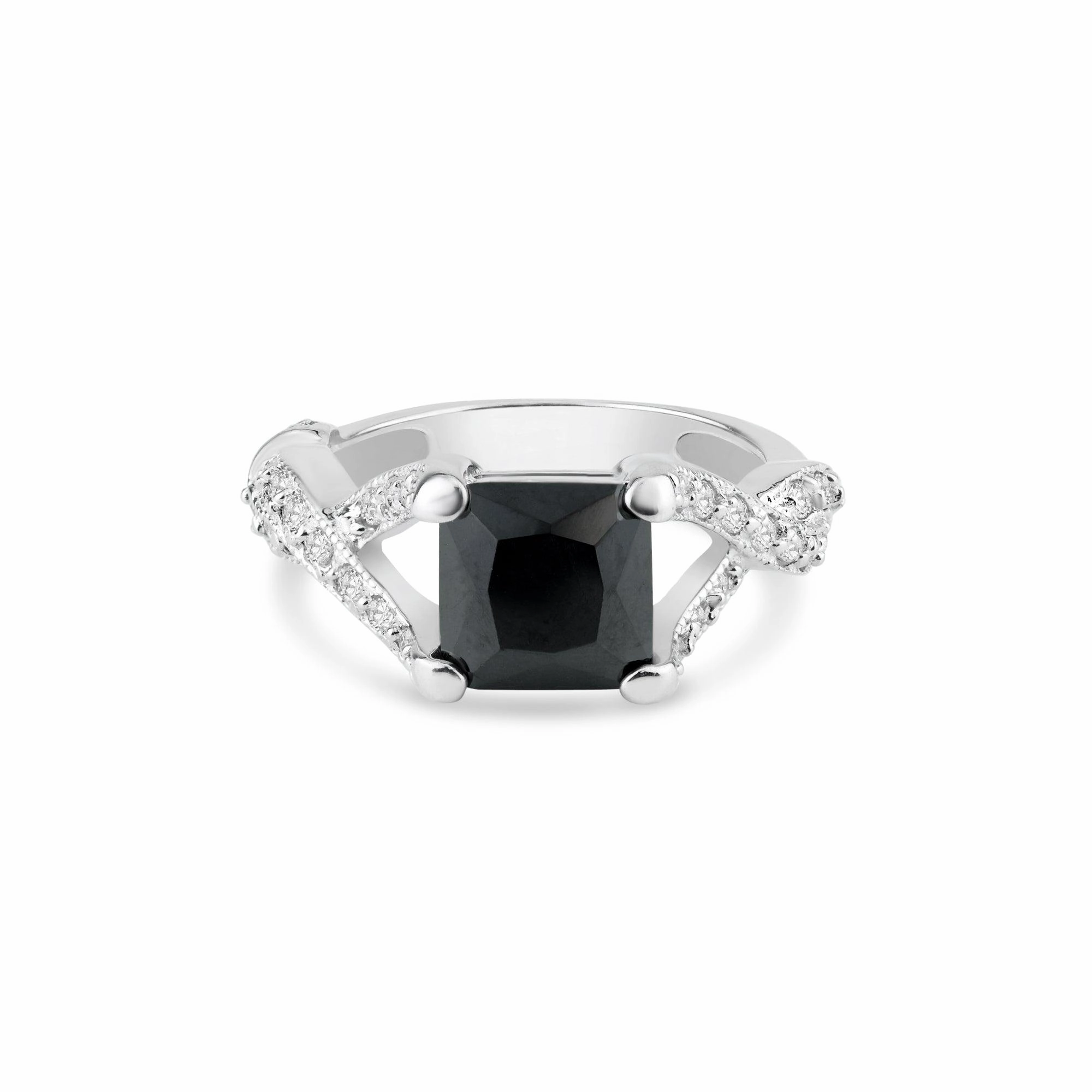 Silver 925 Rhodium Plated Black Square Center and Clear CZ Ring - BGR00032