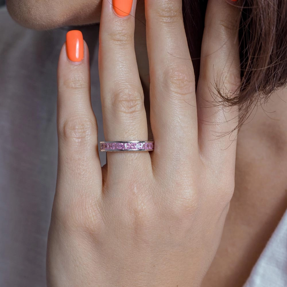Silver 925 Rhodium Plated Channel Set Pink Square CZ Eternity Ring - BGR00056