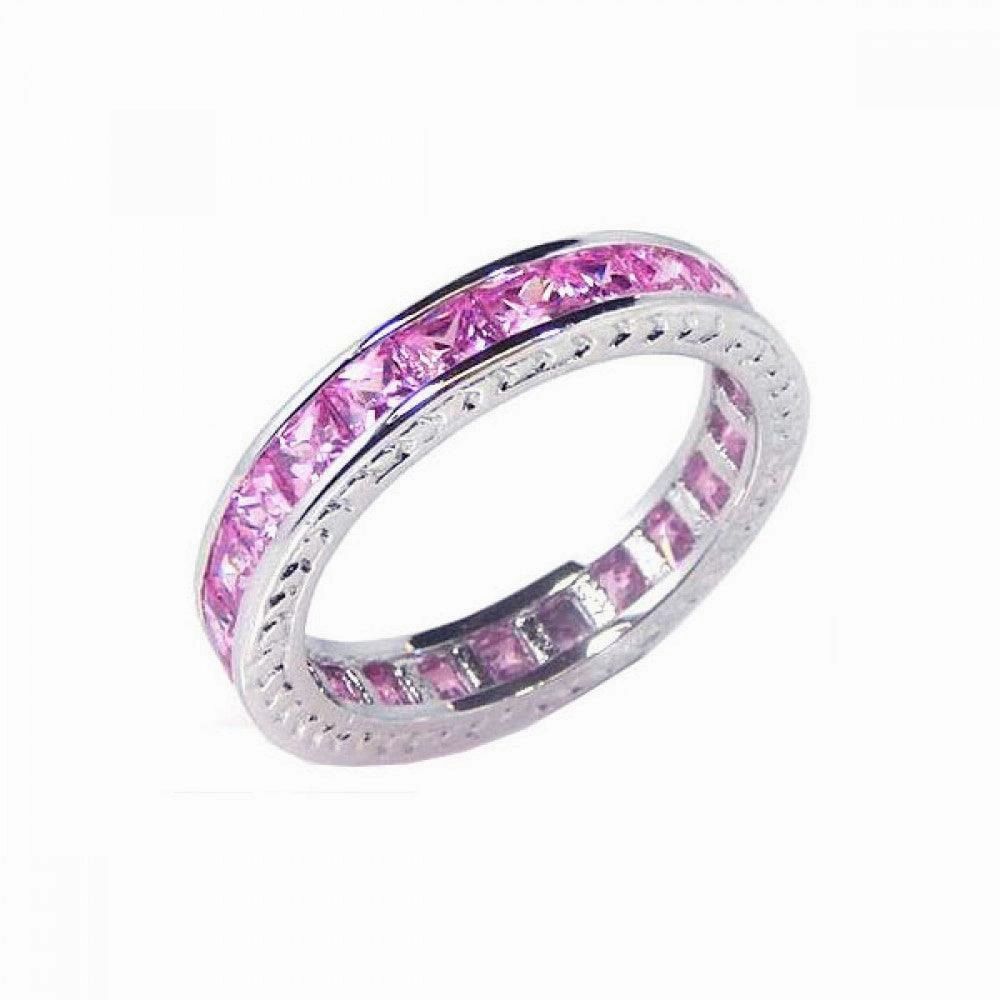 Silver 925 Rhodium Plated Channel Set Pink Square CZ Eternity Ring - BGR00056