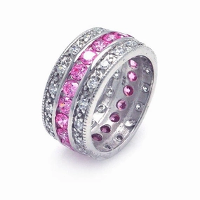 Silver 925 Rhodium Plated Clear and Pink CZ Channel Eternity Ring - STR00508PNK