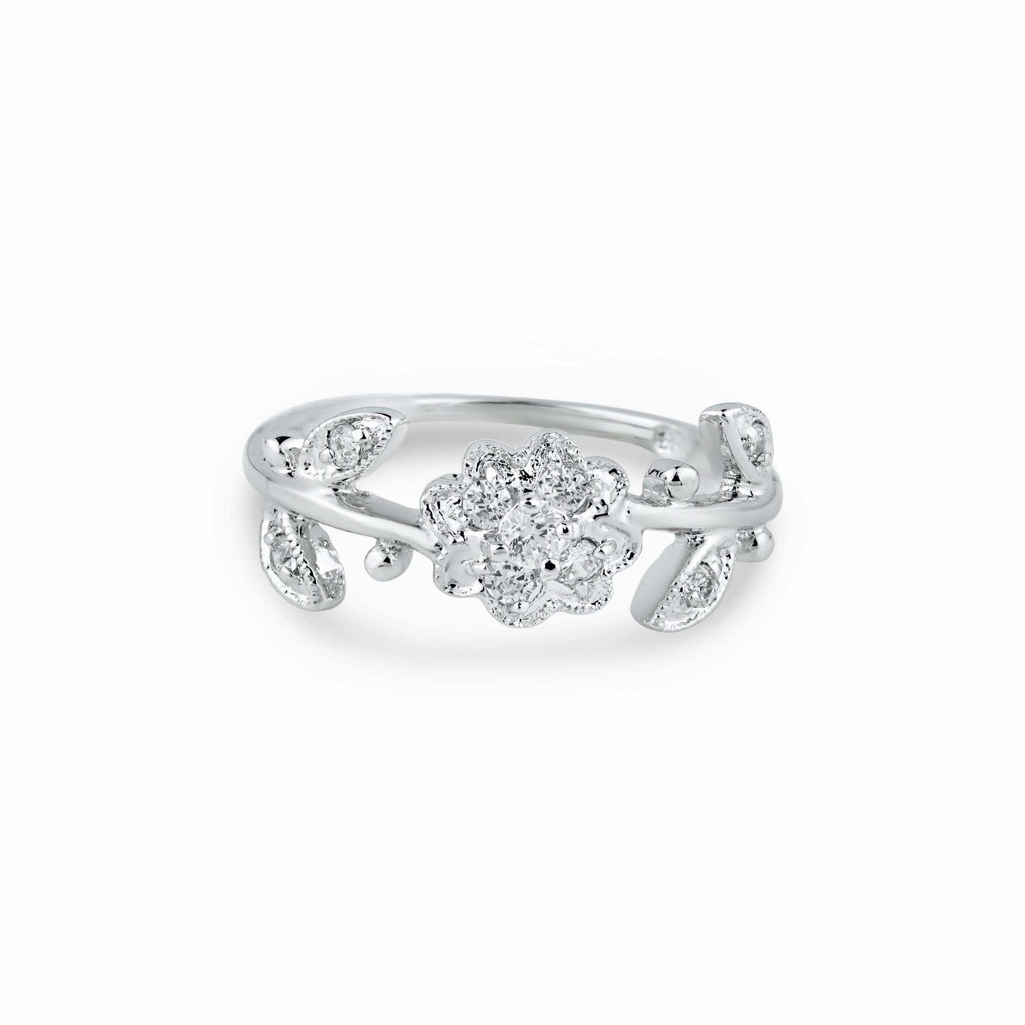 Silver 925 Rhodium Plated Clear CZ Flower Ring - BGR00047