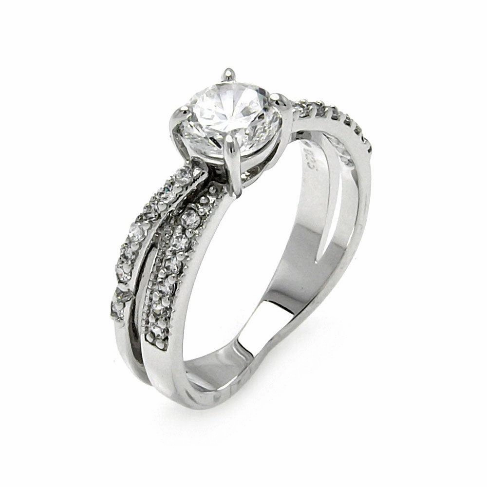 Silver 925 Rhodium Plated Clear CZ Round Overlap Bridal Ring - BGR00467