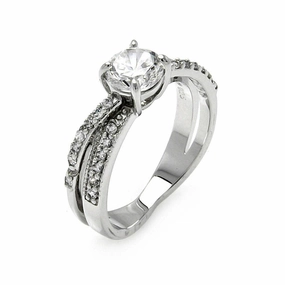 Silver 925 Rhodium Plated Clear CZ Round Overlap Bridal Ring - BGR00467