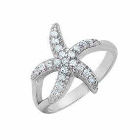 Silver 925 Rhodium Plated Clear Pave Set CZ Skinny Starfish Ring - BGR00949