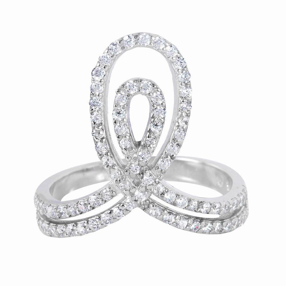 Silver 925 Rhodium Plated Clear Pave Set Double Loop Ring - BGR00946