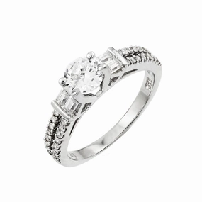 Silver 925 Rhodium Plated Clear Round and Baguette CZ Ring - STR00998