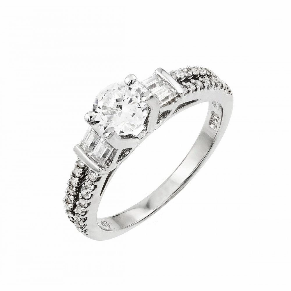 Silver 925 Rhodium Plated Clear Round and Baguette CZ Ring - STR00998