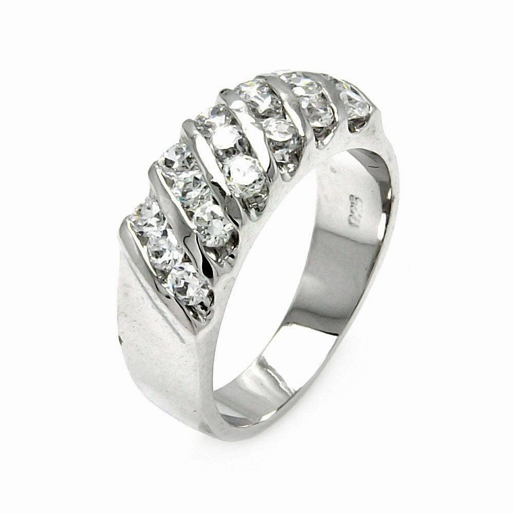 Silver 925 Rhodium Plated Clear Round CZ Stripe Ring - BGR00561