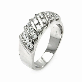 Silver 925 Rhodium Plated Clear Round CZ Stripe Ring - BGR00561