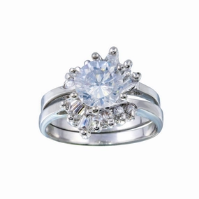 Silver 925 Rhodium Plated Clear Solitaire Baguette and Round CZ Engagement Ring Set - ANT00018