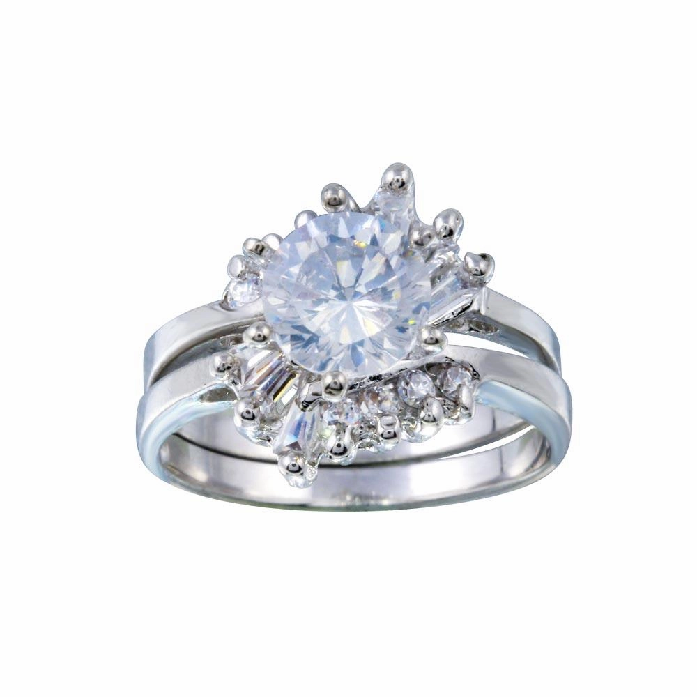 Silver 925 Rhodium Plated Clear Solitaire Baguette and Round CZ Engagement Ring Set - ANT00018