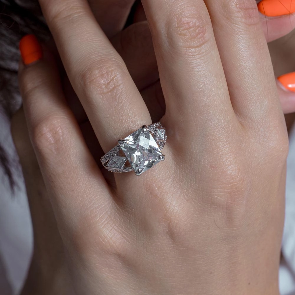 Silver 925 Rhodium Plated Clear Square Center CZ Bridal Ring - BGR00082