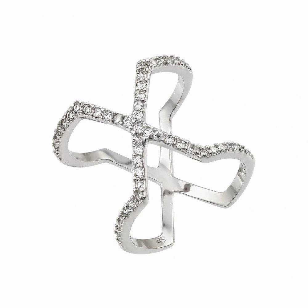 Silver 925 Rhodium Plated Cross X Clear CZ Ring - STR01007