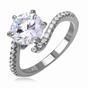 Silver 925 Rhodium Plated CZ Center Round Ring with Parallel Cubic Zirconia Stones - BGR01039