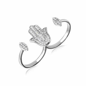 Silver 925 Rhodium Plated CZ Hamsa Hand Double Ring - GMR00102