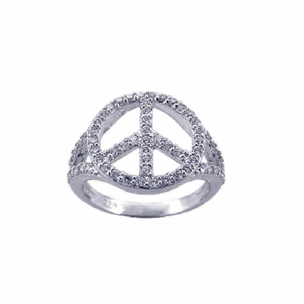 Silver 925 Rhodium Plated CZ Peace Sign Ring - STR00595