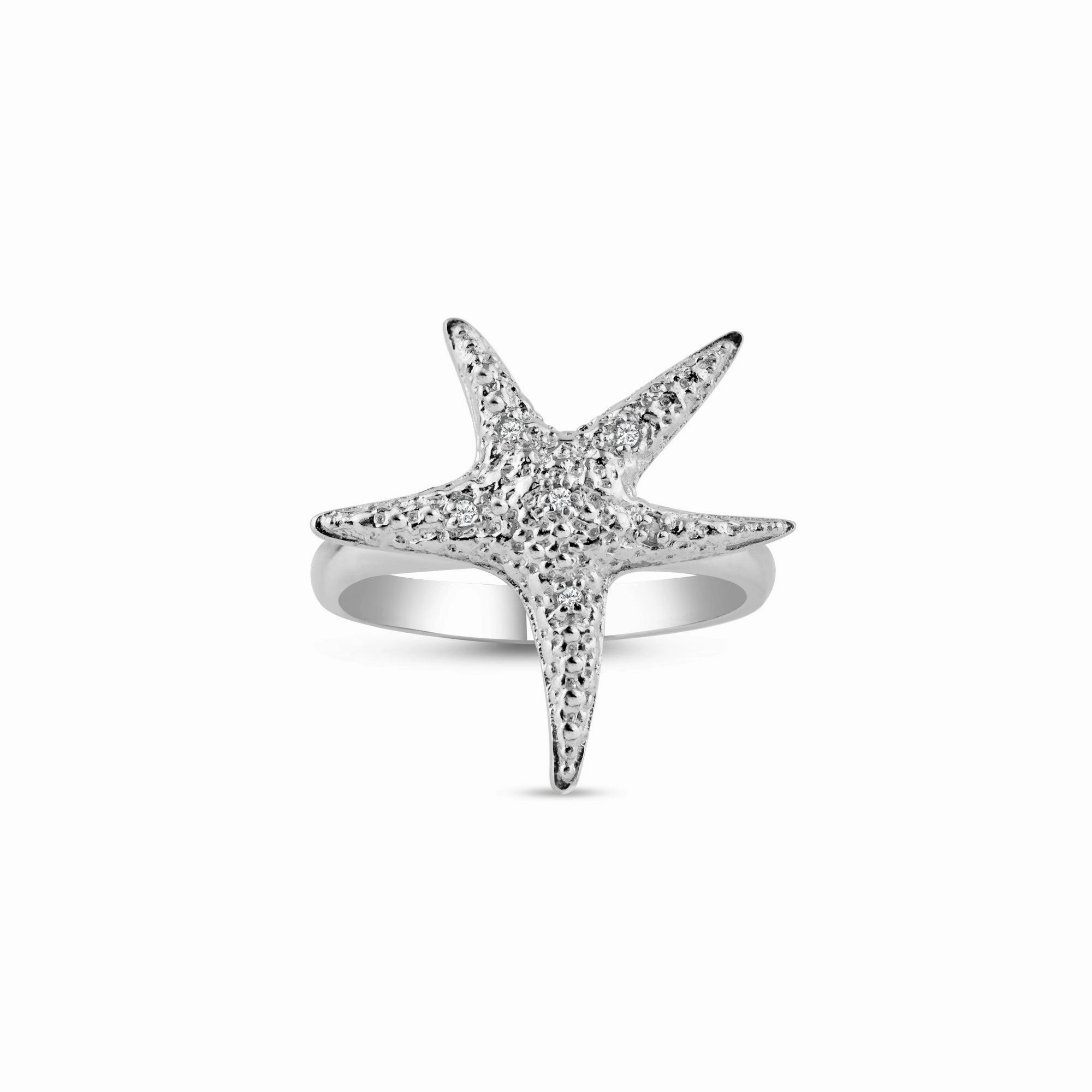 Silver 925 Rhodium Plated CZ Starfish Ring - STR00604