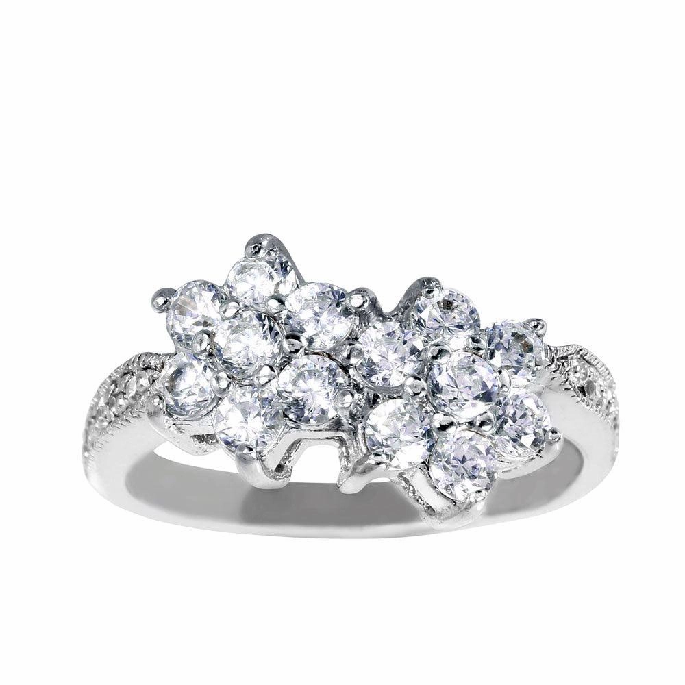 Silver 925 Rhodium Plated Double CZ Flower Ring - STR00012