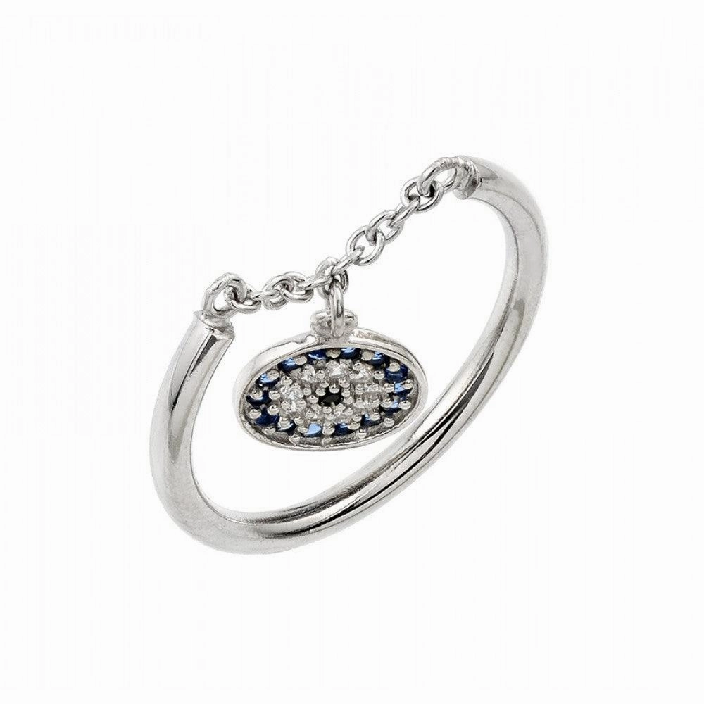 Silver 925 Rhodium Plated Evil Eye Link Ring - STR01014