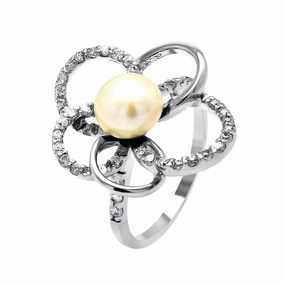 Silver 925 Rhodium Plated Fresh Water Pearl Center Clear CZ Flower Ring - BGR00512