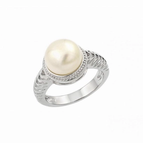 Silver 925 Rhodium Plated Fresh Water Pearl Center Rope Ring - BGR00908