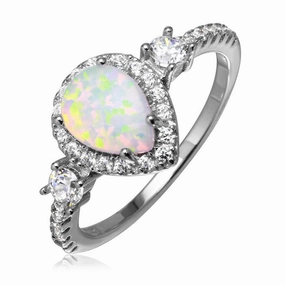 Silver 925 Rhodium Plated Halo Pear Ring with Synthetic Opal and CZ - BGR01047