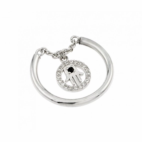 Silver 925 Rhodium Plated Hamsa Circle Black CZ Ring - STR01012