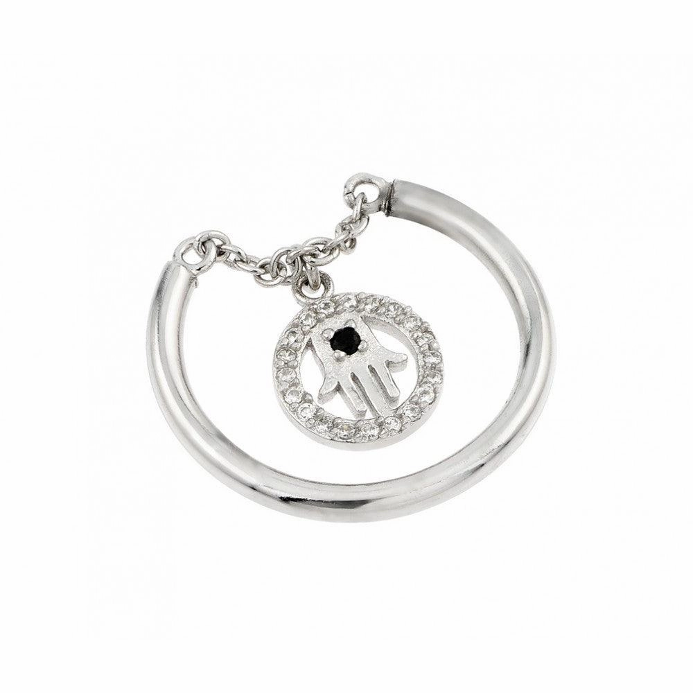 Silver 925 Rhodium Plated Hamsa Circle Black CZ Ring - STR01012
